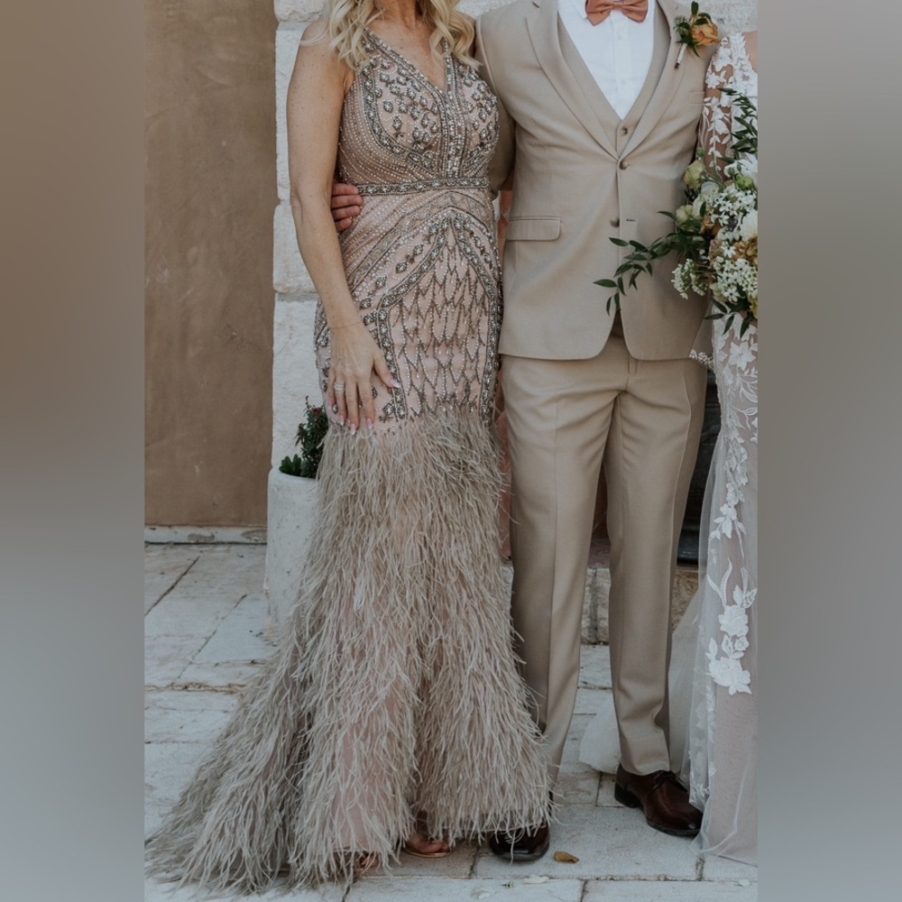 Jovani Beaded Gown with Feathers